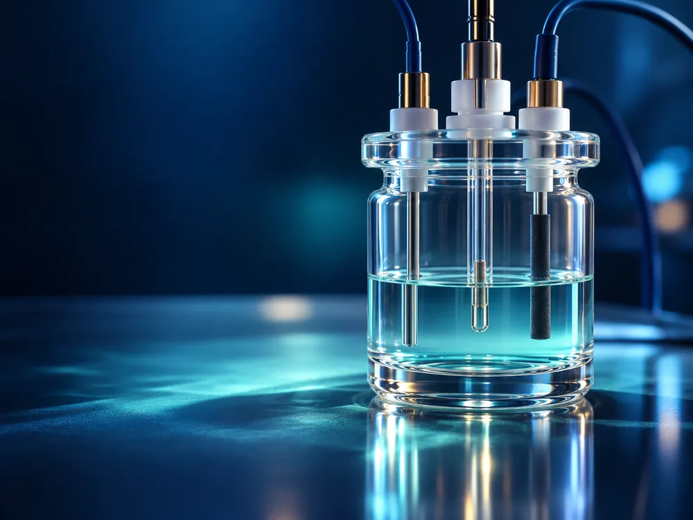 Conceptual electrochemical cell with glass, electrodes and blue instrument leads
